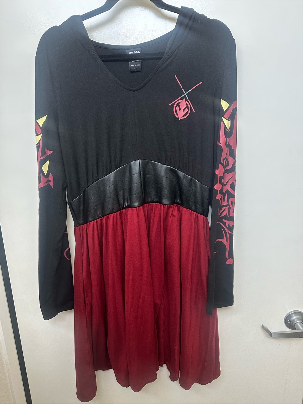 Her Universe Darth Maul Black and Burgundy Long-Sleeve Faux Leather Waist Dress